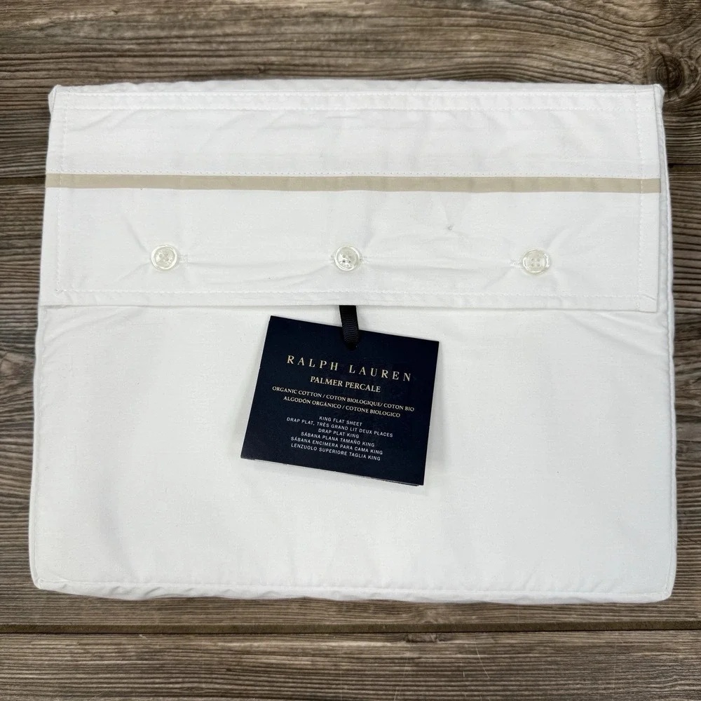 Ralph Lauren Organic Cotton Percale Palmer King Flat Sheet White Sand NEW $200‎